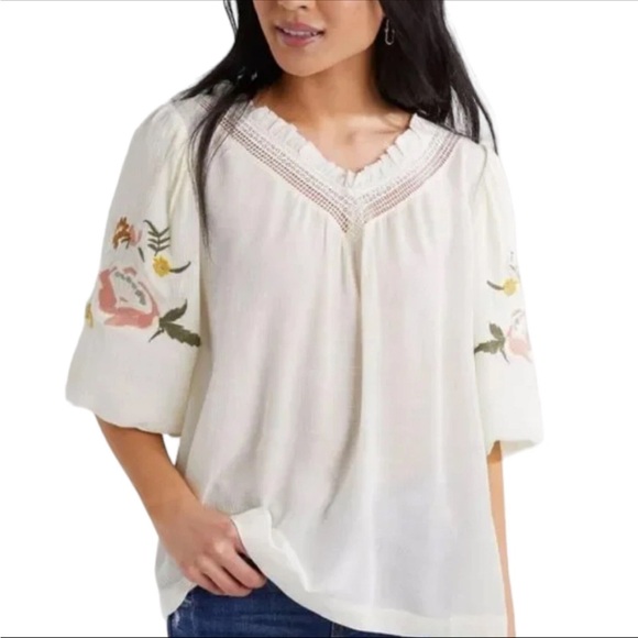 DownEast Tops - DownEast Cream Blouse‎ with Floral Embroidery